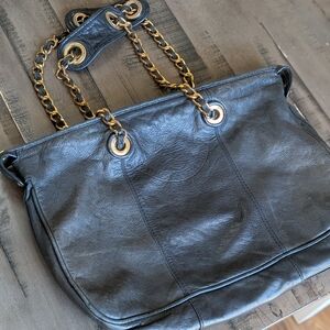 Vintage Juicy Couture Black Leather Hobo Shoulder Bag with Gold Chain